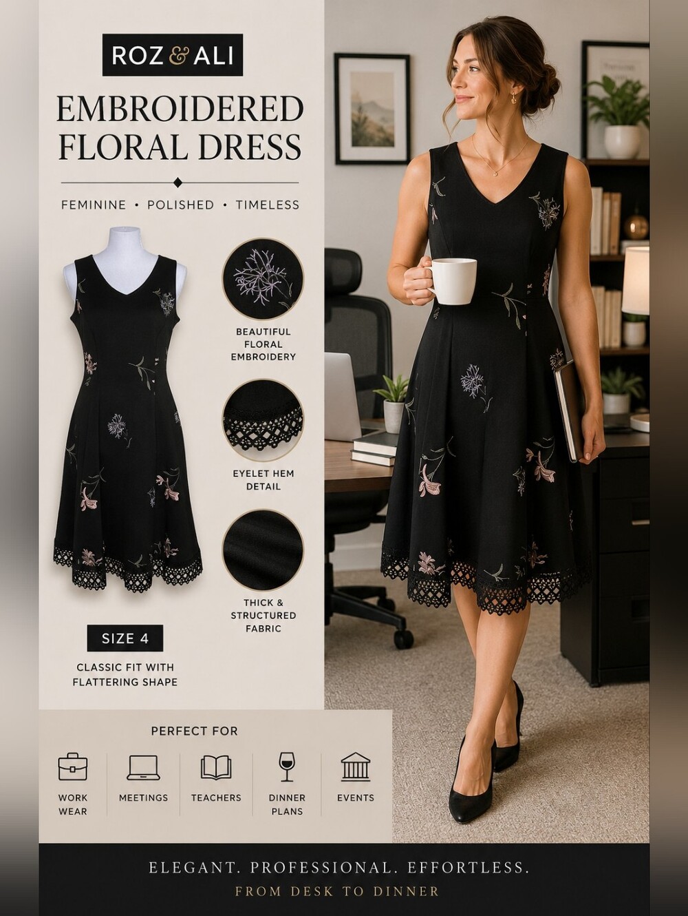 Roz & Ali Black Embroidered Midi Dress Office Graduation Teacher Chic Size 4